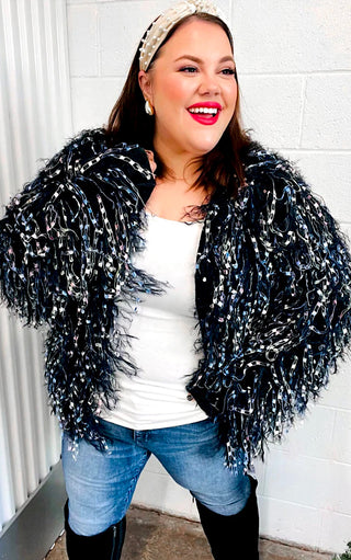 Dazzling Diva Black Fringe Knit Cardigan, LARGE