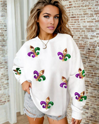 Parade Perfect White Sequin Fleur De Lis Mardi Gras Top