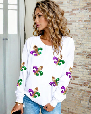 Parade Perfect White Sequin Fleur De Lis Mardi Gras Top
