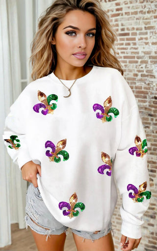 Parade Perfect White Sequin Fleur De Lis Mardi Gras Top