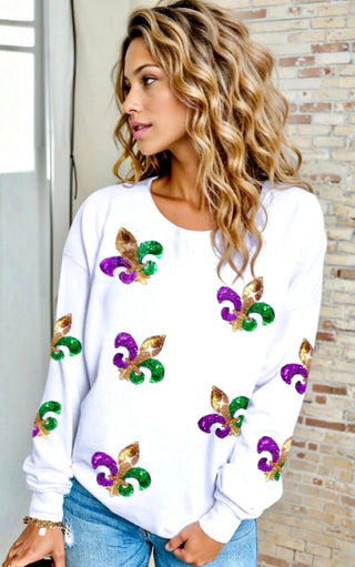 Parade Perfect White Sequin Fleur De Lis Mardi Gras Top
