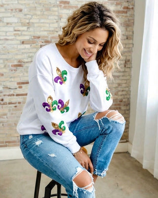Parade Perfect White Sequin Fleur De Lis Mardi Gras Top
