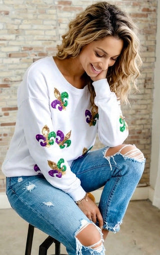 Parade Perfect White Sequin Fleur De Lis Mardi Gras Top