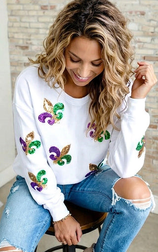 Parade Perfect White Sequin Fleur De Lis Mardi Gras Top