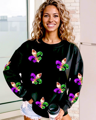 Parade Perfect Black Sequin Fleur De Lis Mardi Gras Top