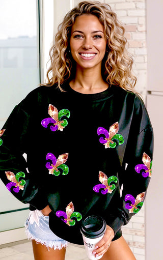 Parade Perfect Black Sequin Fleur De Lis Mardi Gras Top