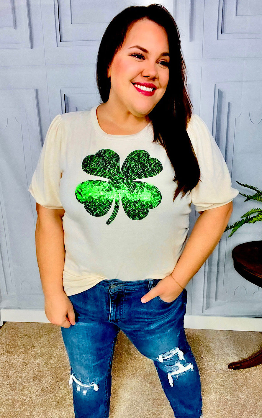 Lucky Charm Sequin Clover St Patrick’s Day Top, SM-3X