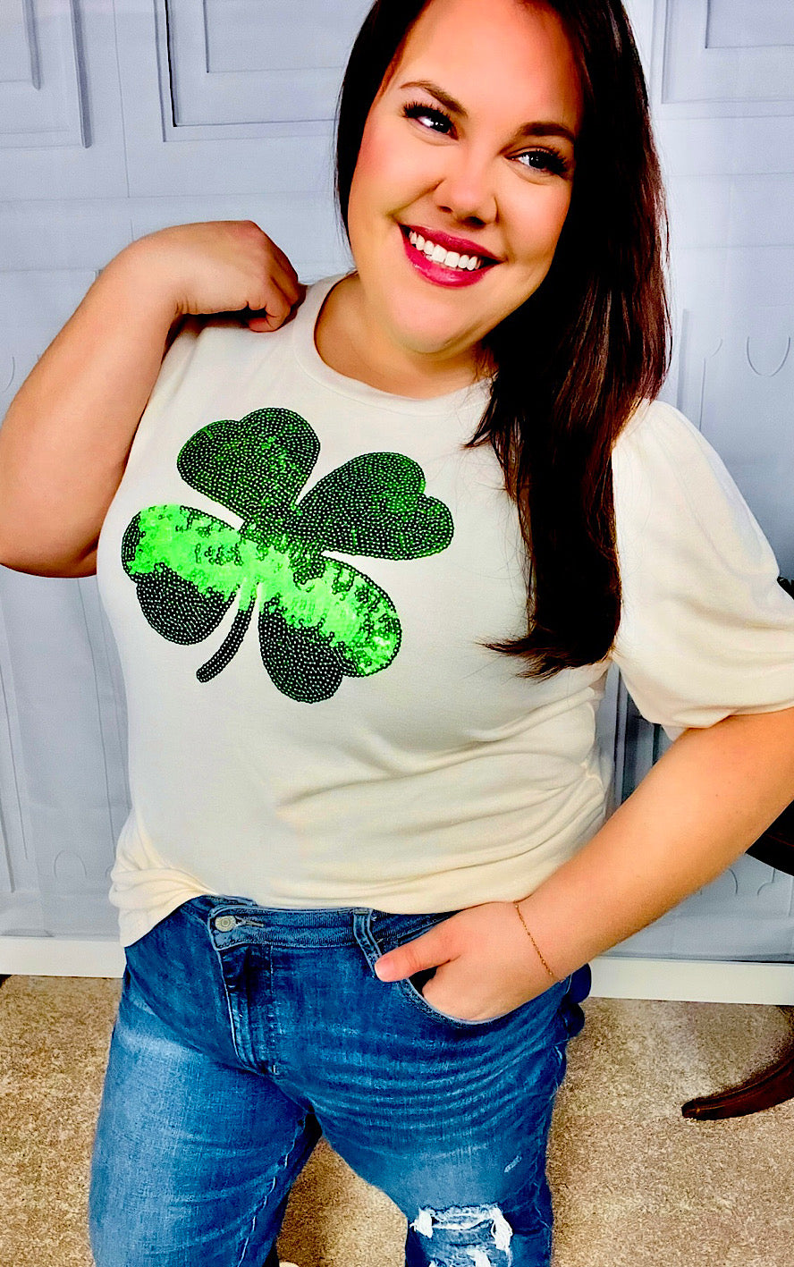 Lucky Charm Sequin Clover St Patrick’s Day Top, SM-3X