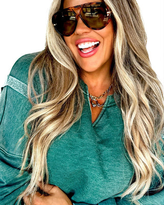 Happy Days Ahead Split Hem V-Neck Green Sweatshirt