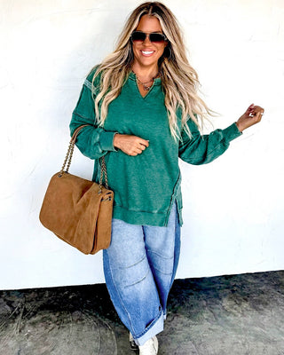 Happy Days Ahead Split Hem V-Neck Green Sweatshirt