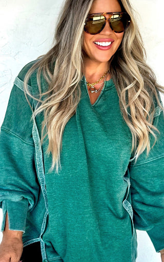 Happy Days Ahead Split Hem V-Neck Green Sweatshirt