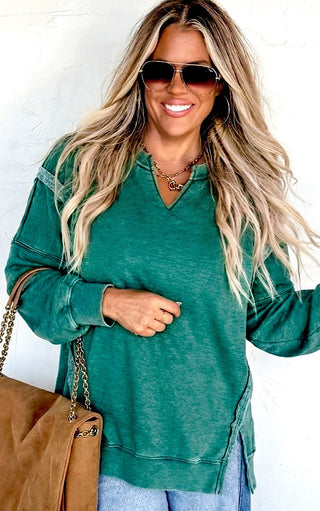 Happy Days Ahead Split Hem V-Neck Green Sweatshirt