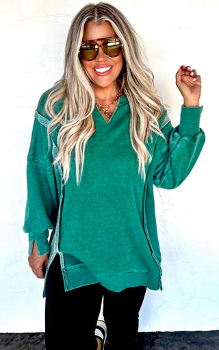 Happy Days Ahead Split Hem V-Neck Green Sweatshirt