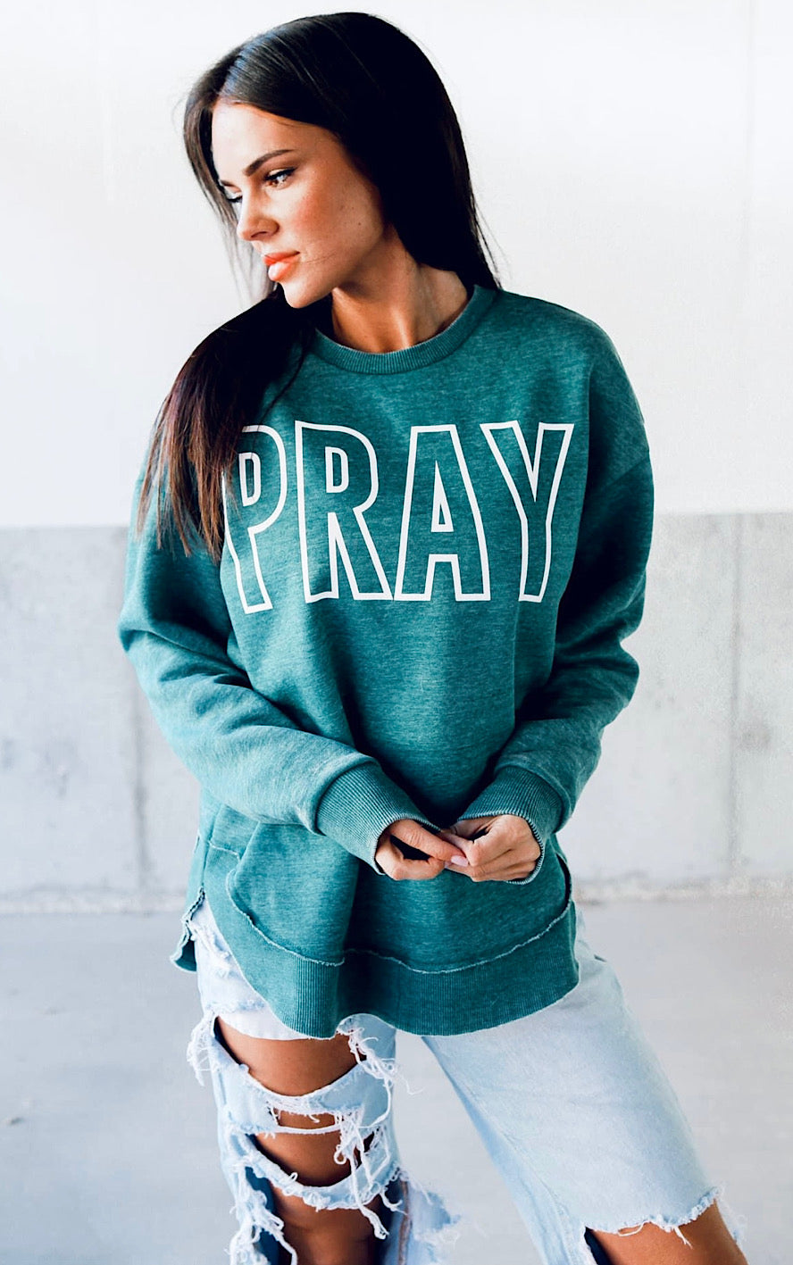 RESTOCKED! PRAY Emerald Green Vintage Fleece, SM-2X