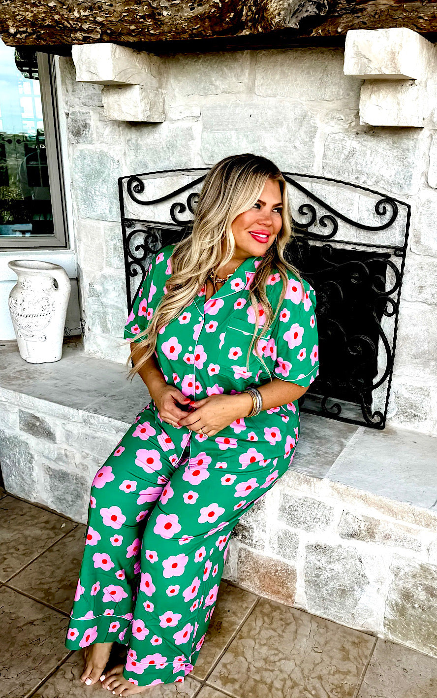 Sweet Dreams Green Floral Pajamas Lounge Set, 1X-3X