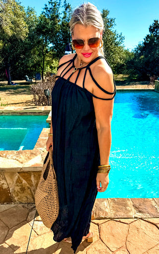Coastal Cabana Black Coverup Dress