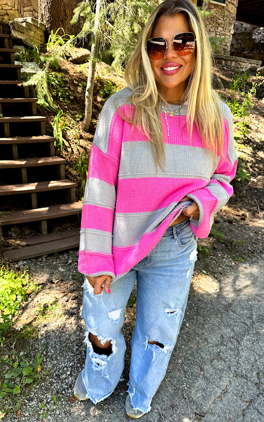 Aspen Fireside Pink Striped Sweater, XS-3X