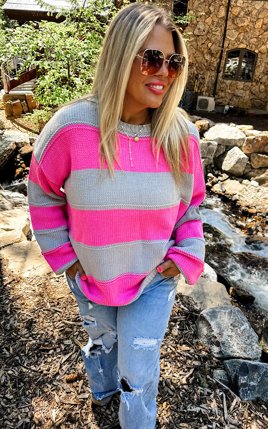 Aspen Fireside Pink Striped Sweater, XS-3X