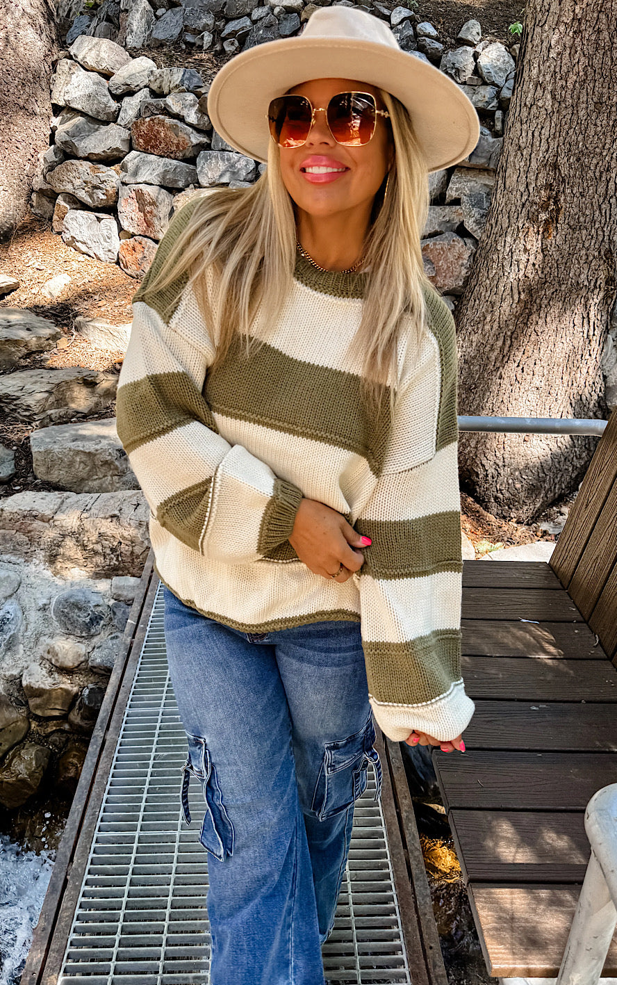 Aspen Fireside Olive Striped Sweater, XS-3X