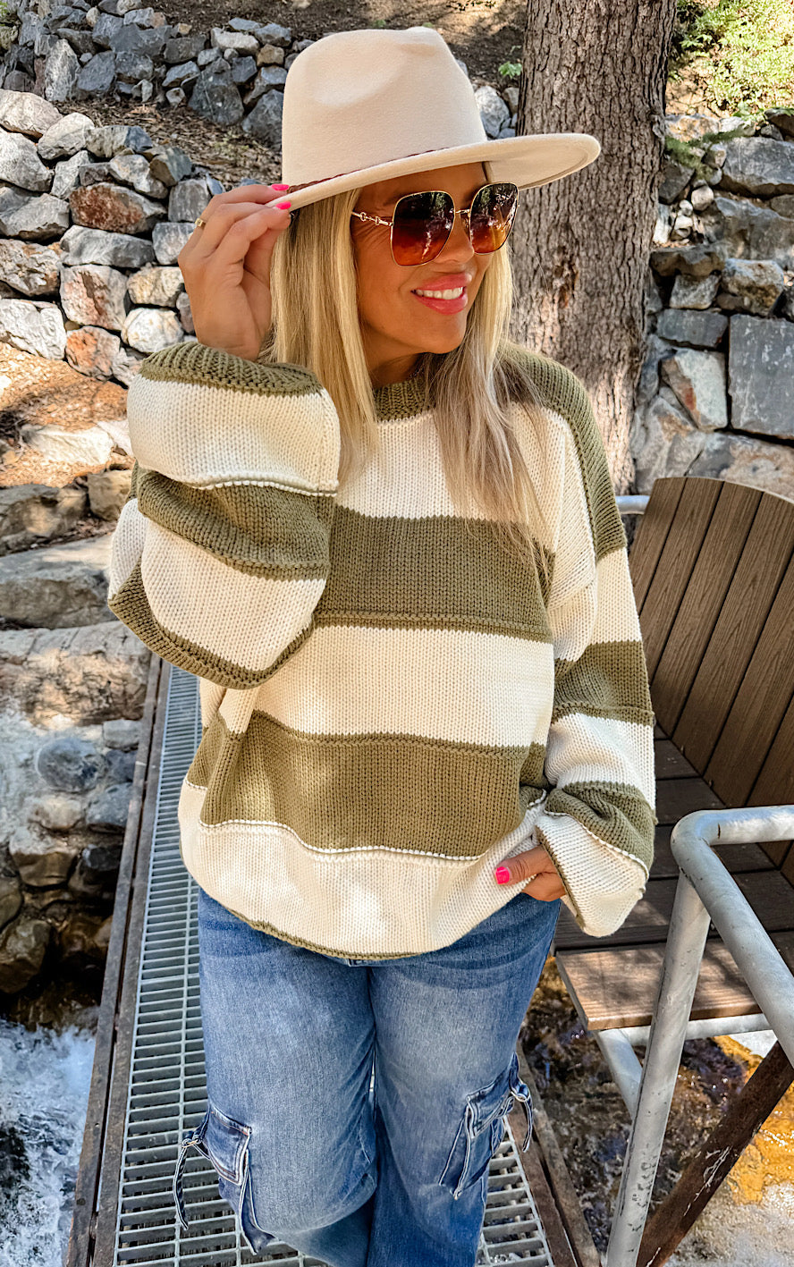 Aspen Fireside Olive Striped Sweater, XS-3X