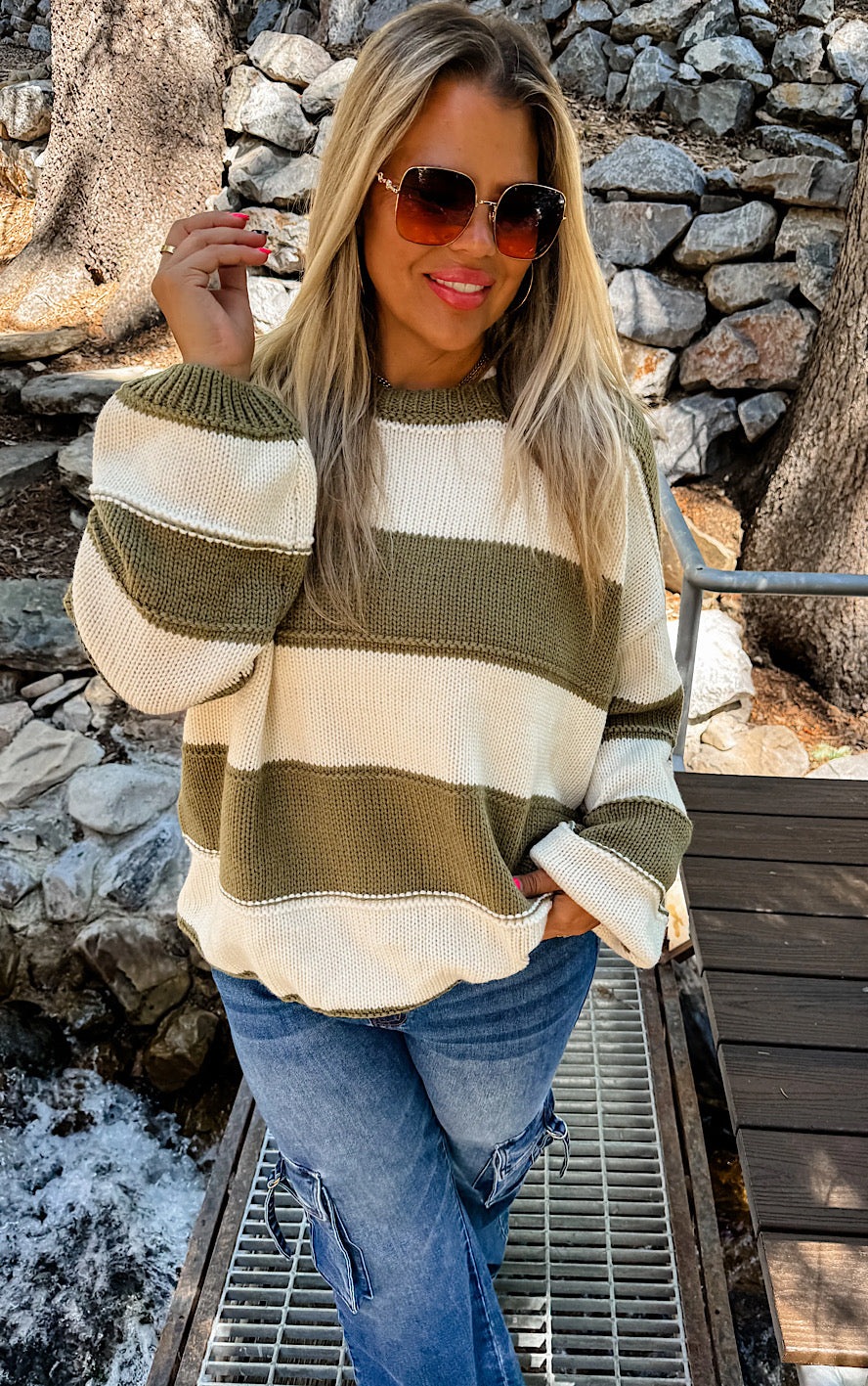 Aspen Fireside Olive Striped Sweater, XS-3X