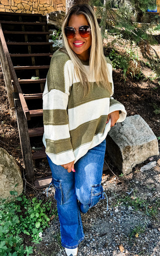 Aspen Fireside Olive Striped Sweater, XS-3X