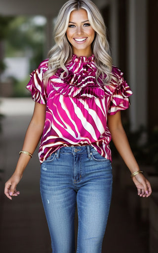 Showstopper Fuchsia Animal Print Flutter Sleeve Top