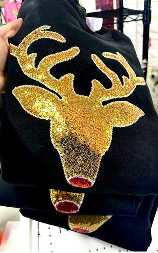 Dazzling Dasher Black & Gold Sequin Reindeer Sweatshirt, SM-3X