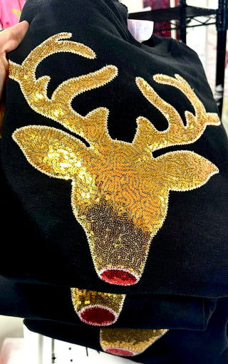 Dazzling Dasher Black & Gold Sequin Reindeer Sweatshirt, SM-3X