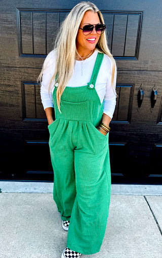 PREORDER Busy Being Me Solid Green Overalls, XS-3X