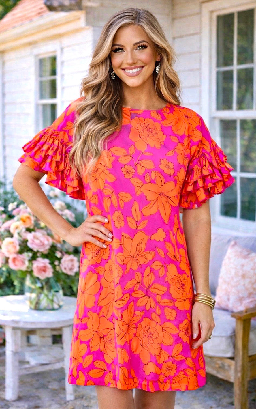 Floral Frenzy Ruffle Sleeve Dress M