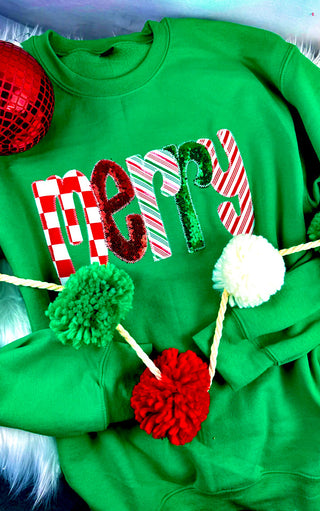 Gorgeous Green Merry Sequin Sweatshirt, SM-3X