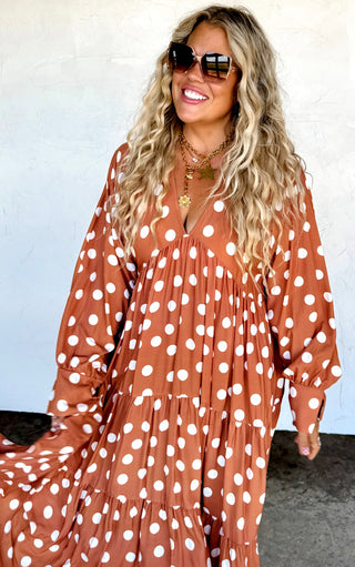 Autumn Muse Rust Polka Dot Dress, ETA 8/18