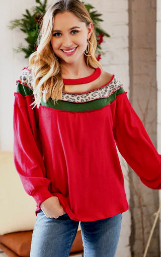 Christmas Cheer Red Color Block Top, MED & 1X