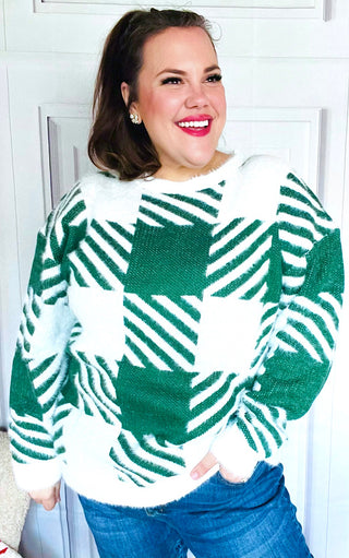 Snowy Spruce Green Plaid Sweater, SM-3X