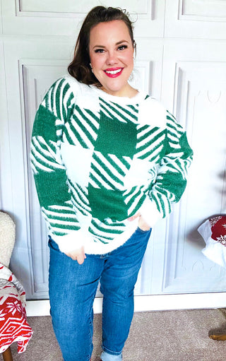 Snowy Spruce Green Plaid Sweater, SM-3X