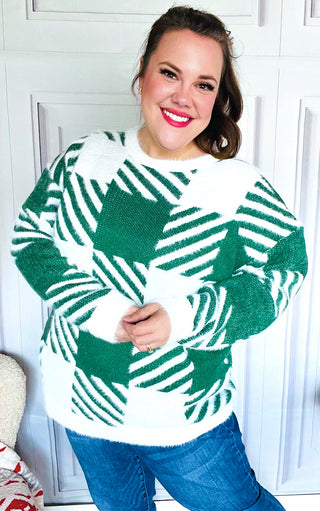 Snowy Spruce Green Plaid Sweater, SM-3X