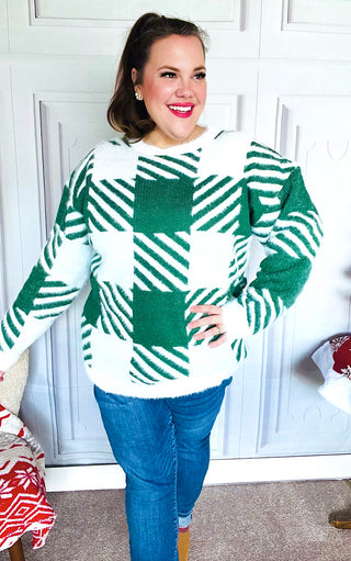 Snowy Spruce Green Plaid Sweater, SM-3X