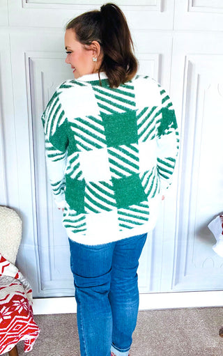 Snowy Spruce Green Plaid Sweater, SM-3X