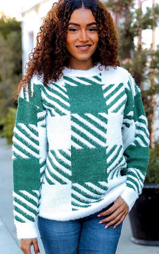 Snowy Spruce Green Plaid Sweater, SM-3X