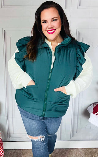 Warmest Wishes Green Ruffle Sleeve Puffer Vest, SM-3X