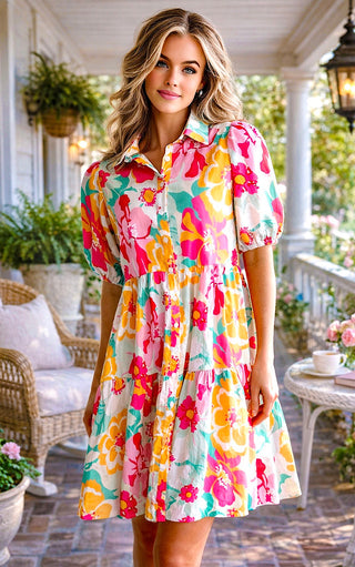 Woman wearing a colorful spring floral dress on a porch