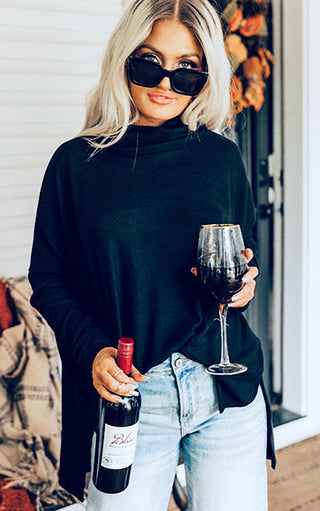 Fireside Luxe Black Cowl Neck Knit Top