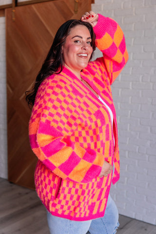 Always A Winner Pink And Orange Checkered Cardigan, SM-3X