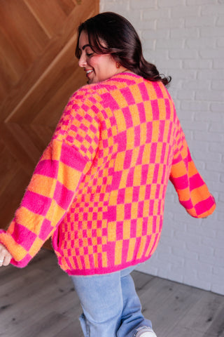 Always A Winner Pink And Orange Checkered Cardigan, SM-3X