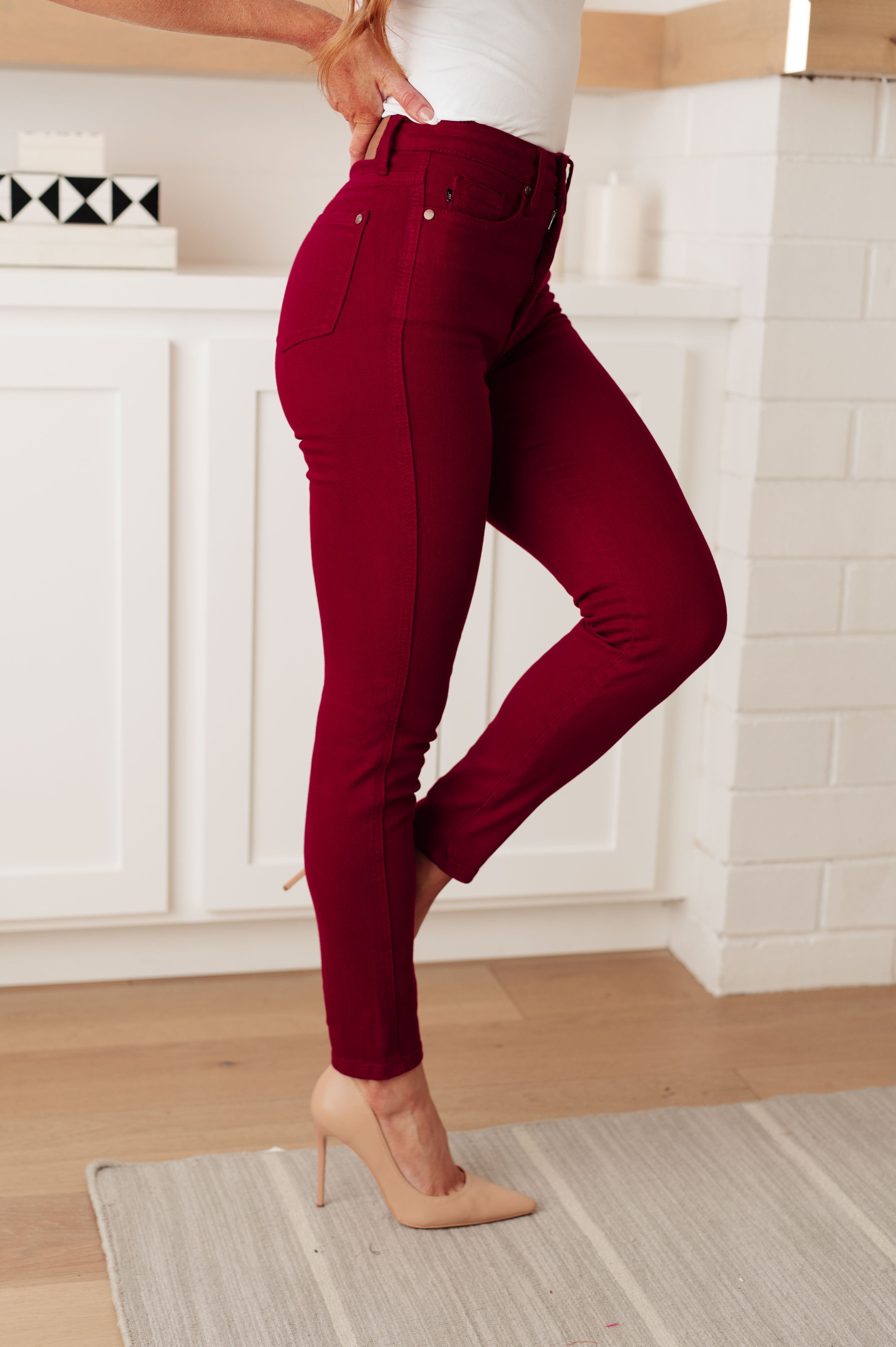 Diva Moment Deep Red Judy Blue Tummy Control Jeans, 0-24W