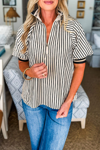 Black Stripe Polo Collar Half Zip Puff Sleeve Blouse
