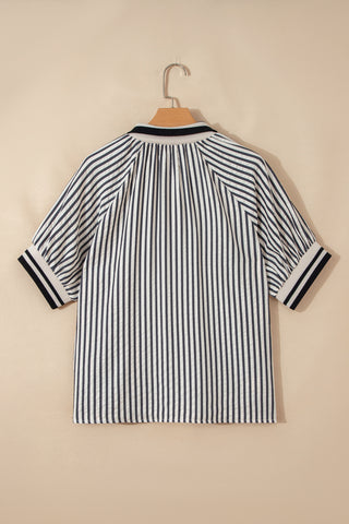 Black Stripe Polo Collar Half Zip Puff Sleeve Blouse