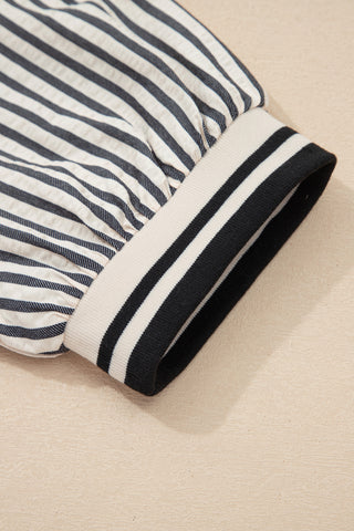 Black Stripe Polo Collar Half Zip Puff Sleeve Blouse