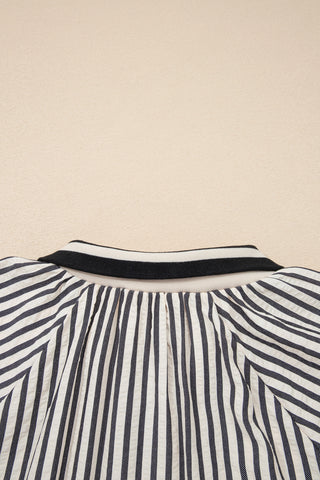 Black Stripe Polo Collar Half Zip Puff Sleeve Blouse